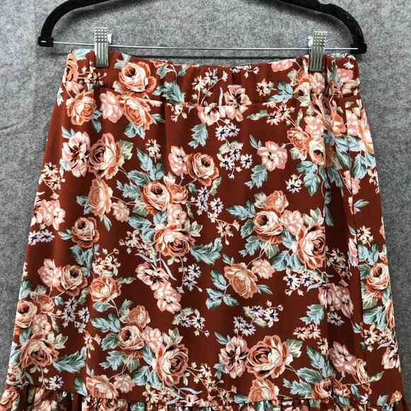 Altar'd State Maxi Skirt Womens L Brown Floral Slit Front Hem Pull On Tiered - Picture 3 of 8